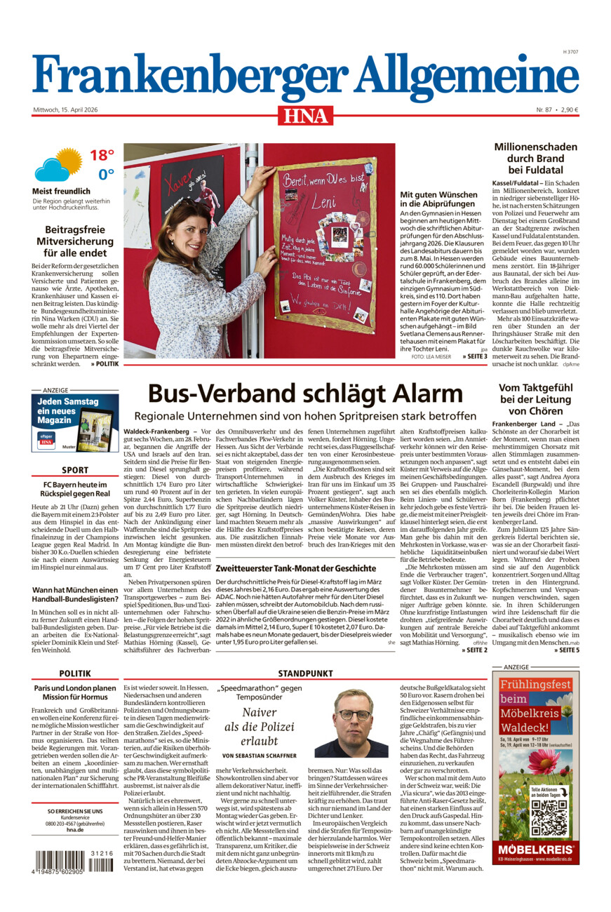 Frankenberger Allgemeine vom Mittwoch, 15.04.2026