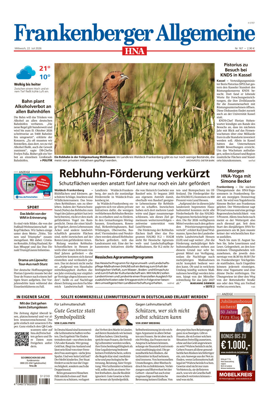 Frankenberger Allgemeine vom Mittwoch, 22.07.2026