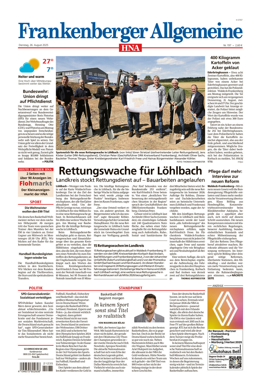 Frankenberger Allgemeine vom Dienstag, 26.08.2025