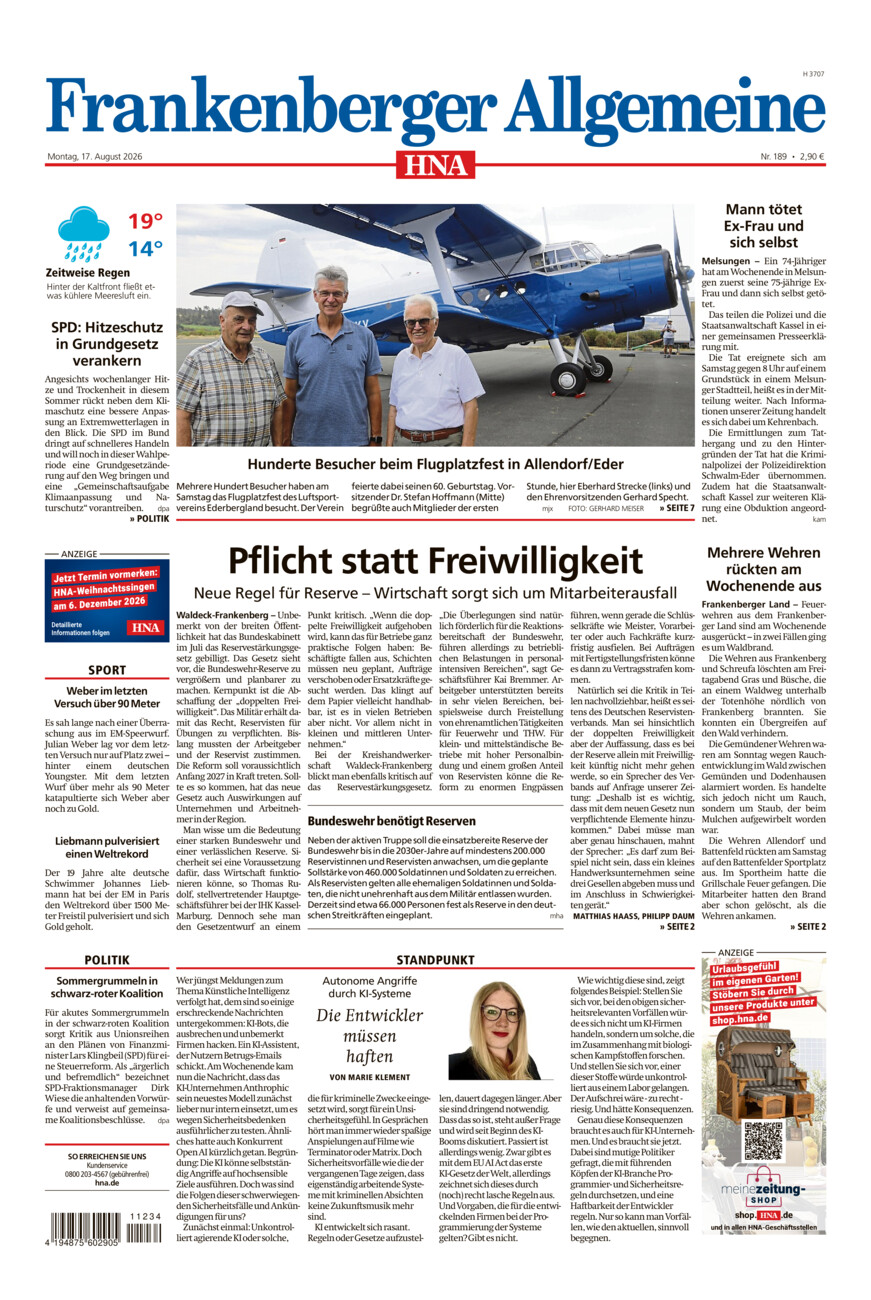 Frankenberger Allgemeine vom Montag, 17.08.2026