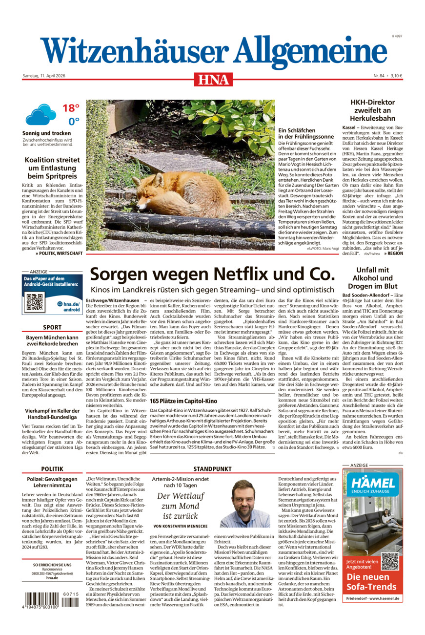 Witzenhäuser Allgemeine vom Samstag, 11.04.2026