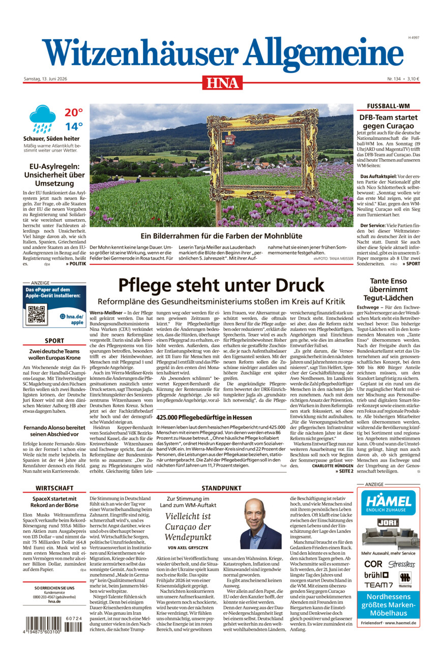 Witzenhäuser Allgemeine vom Samstag, 13.06.2026