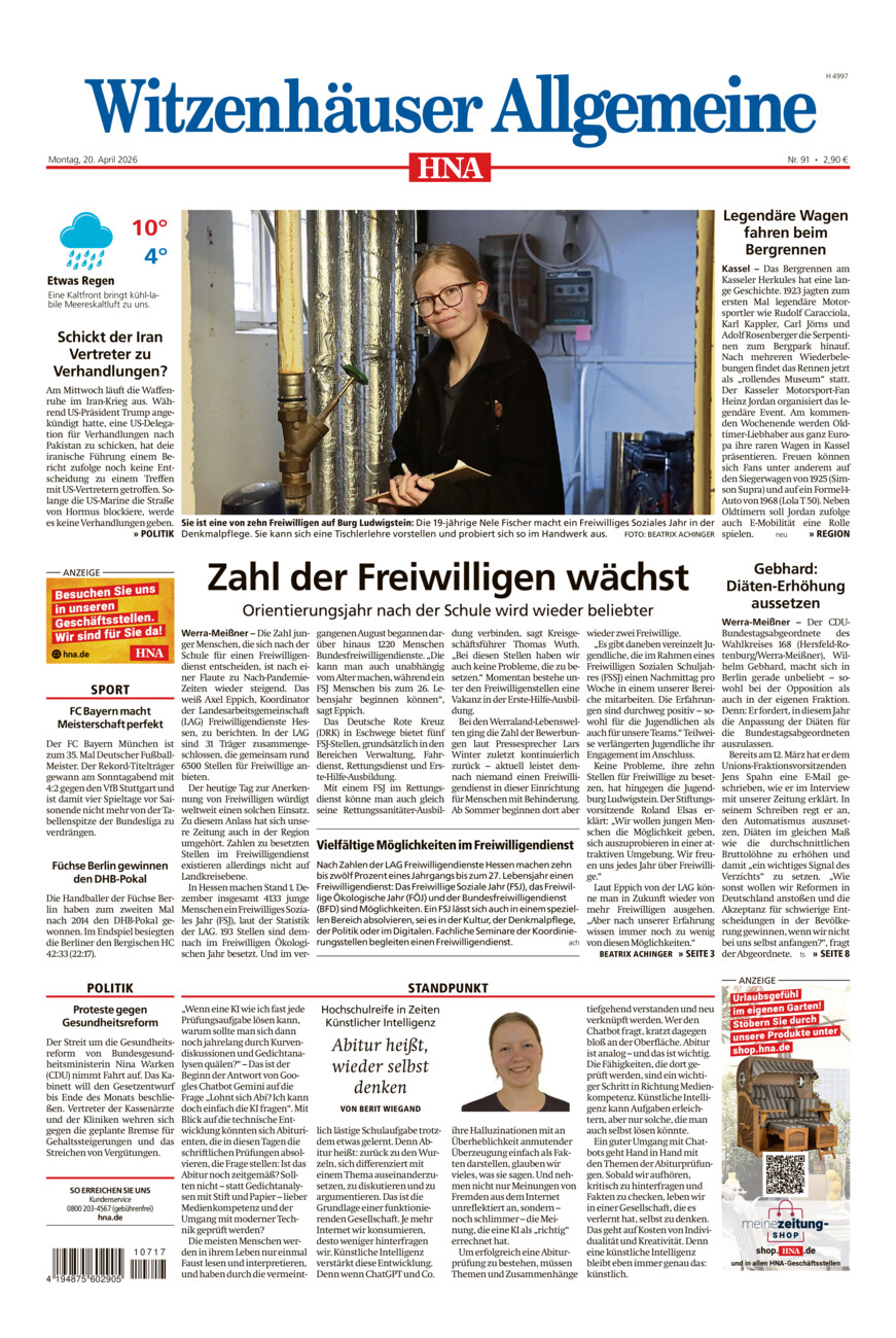 Witzenhäuser Allgemeine vom Montag, 20.04.2026