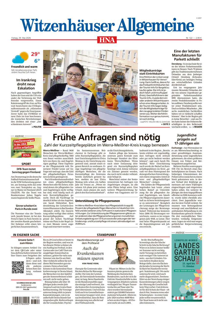 Witzenhäuser Allgemeine vom Freitag, 29.05.2026