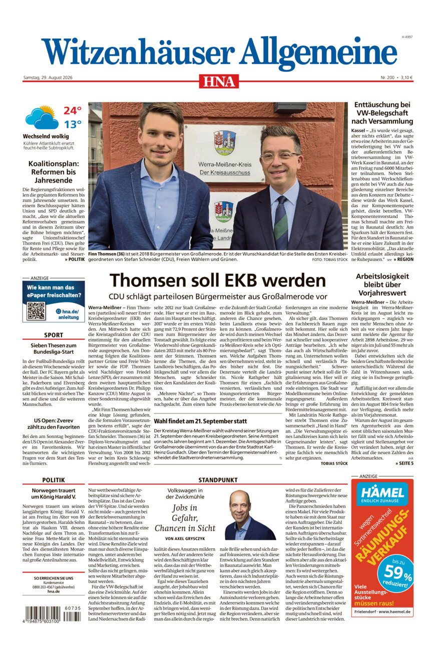 Witzenhäuser Allgemeine vom Samstag, 29.08.2026