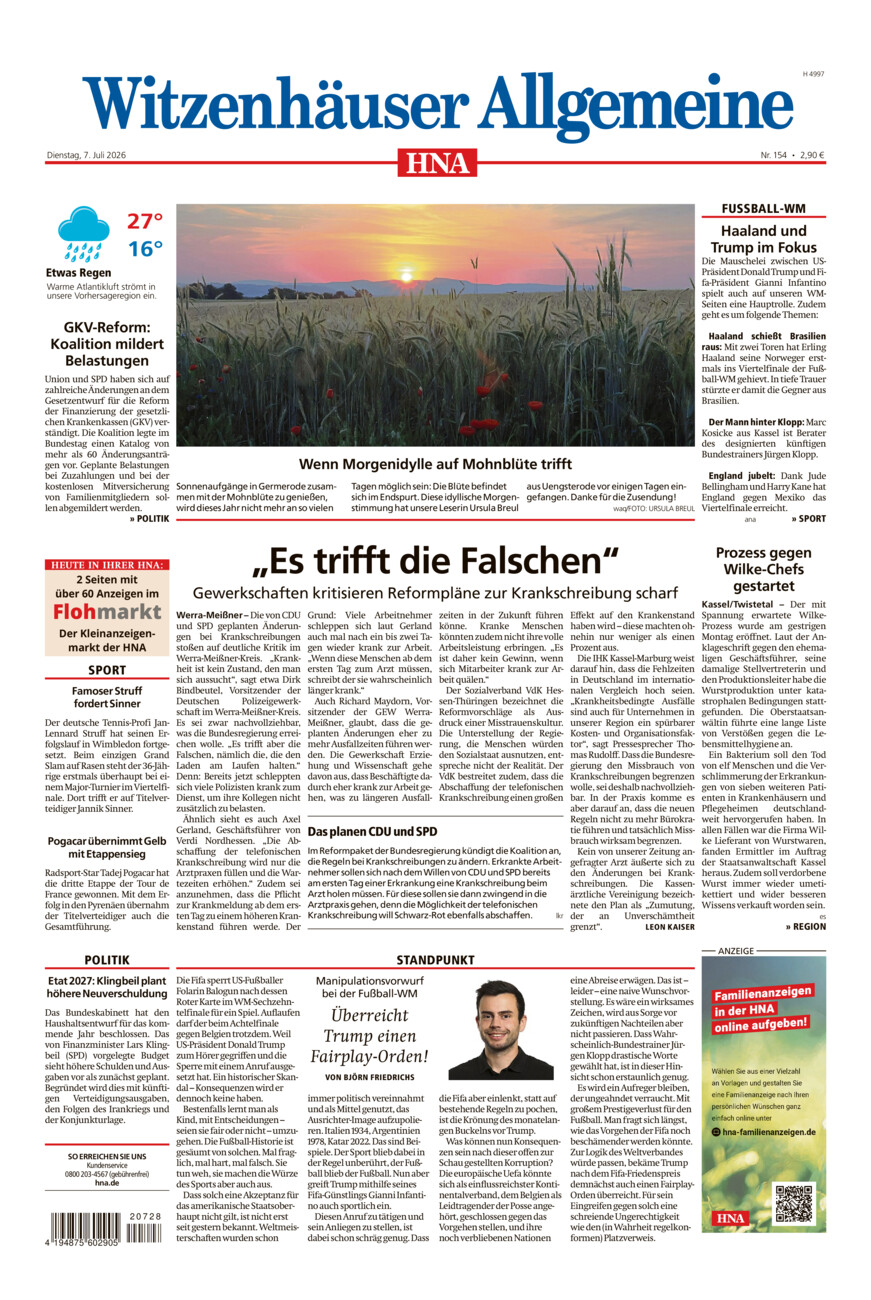 Witzenhäuser Allgemeine vom Dienstag, 07.07.2026
