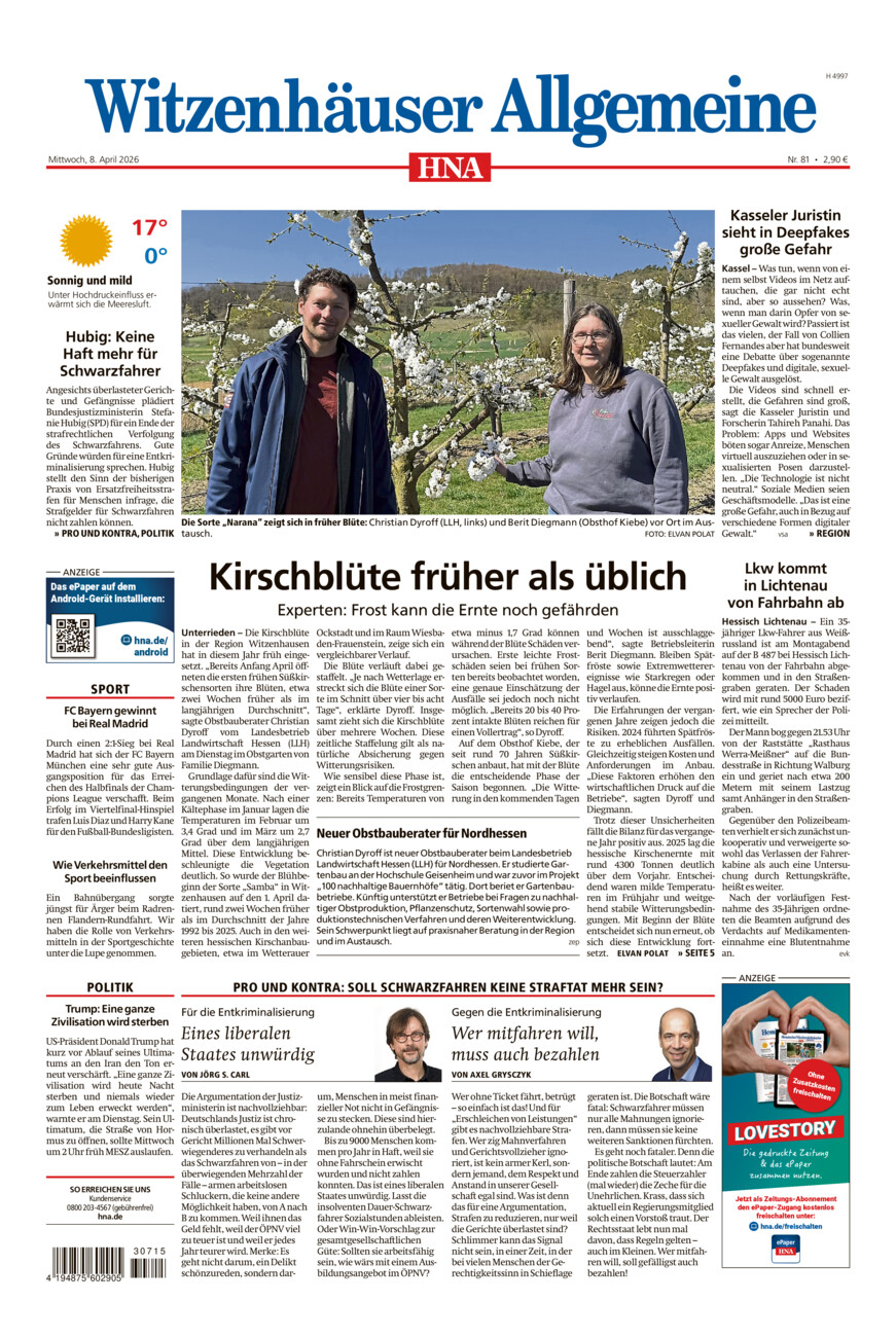 Witzenhäuser Allgemeine vom Mittwoch, 08.04.2026