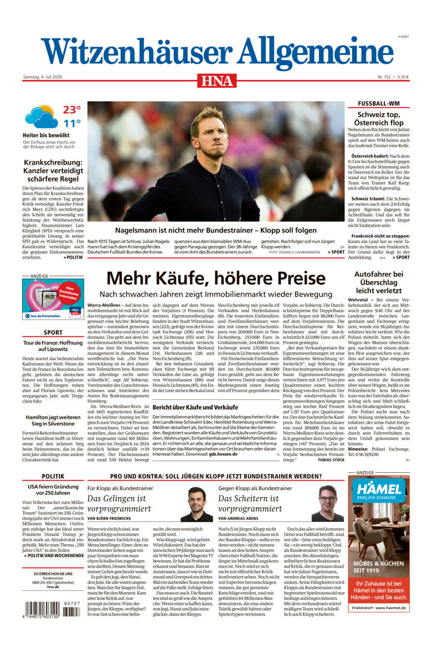 Witzenhäuser Allgemeine vom Samstag, 04.07.2026