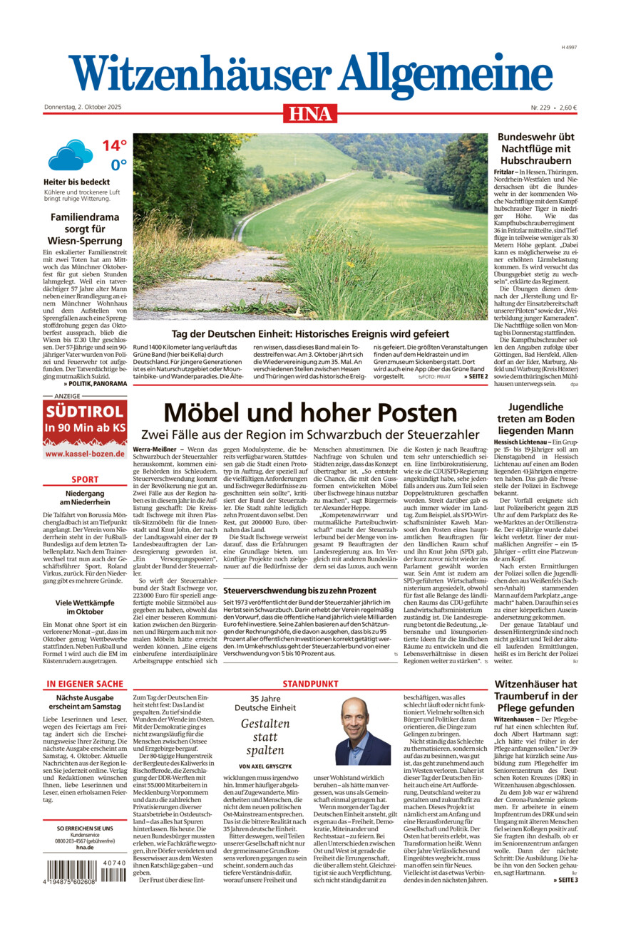 Witzenhäuser Allgemeine vom Donnerstag, 02.10.2025
