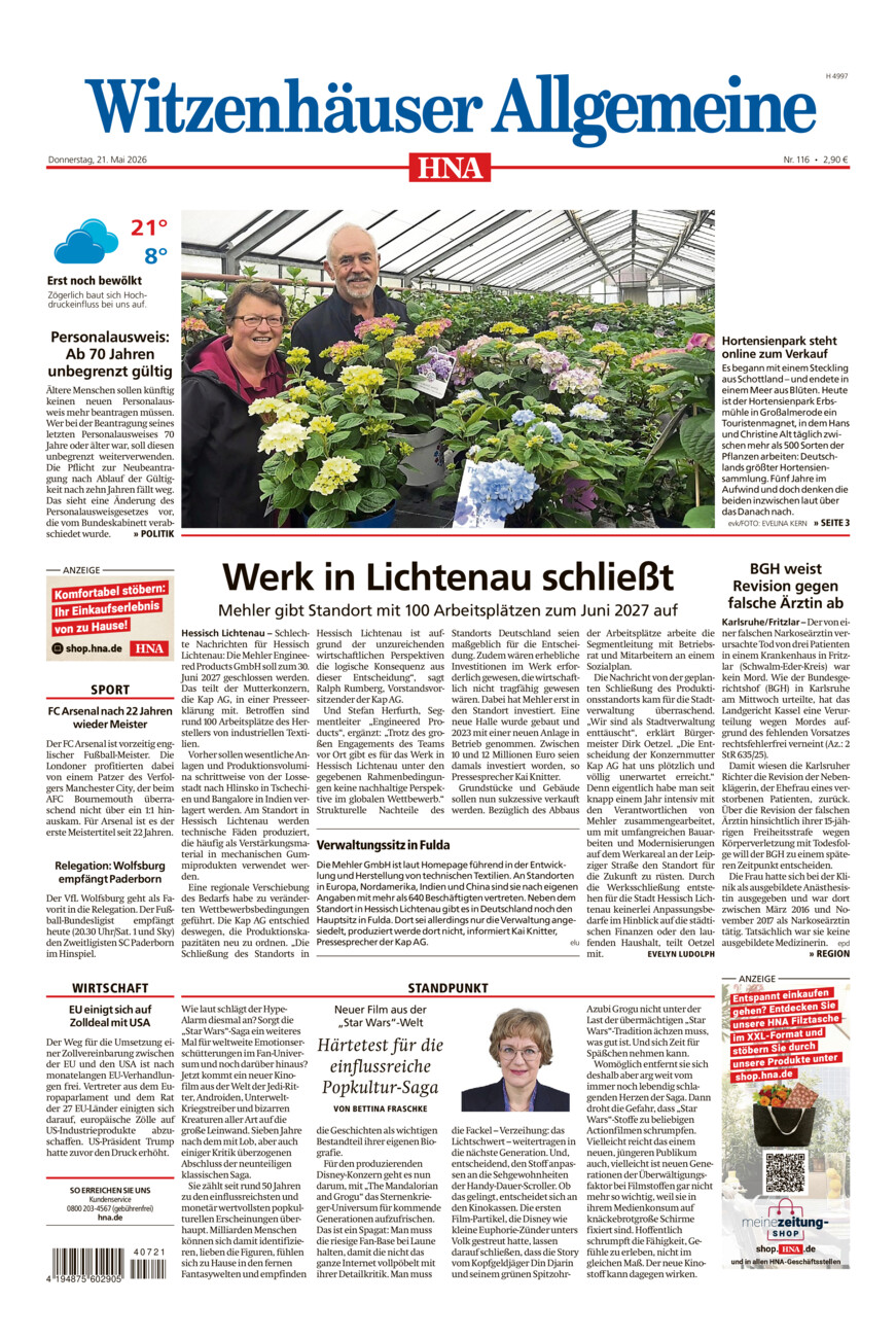 Witzenhäuser Allgemeine vom Donnerstag, 21.05.2026