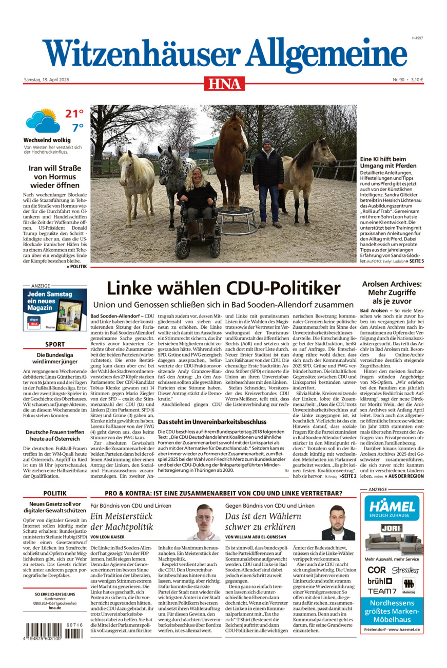 Witzenhäuser Allgemeine vom Samstag, 18.04.2026