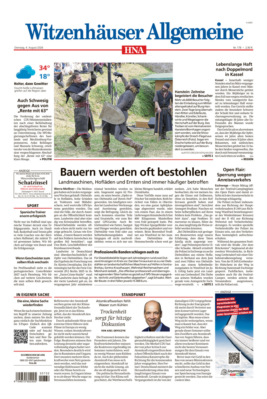 Witzenhäuser Allgemeine vom Dienstag, 04.08.2026