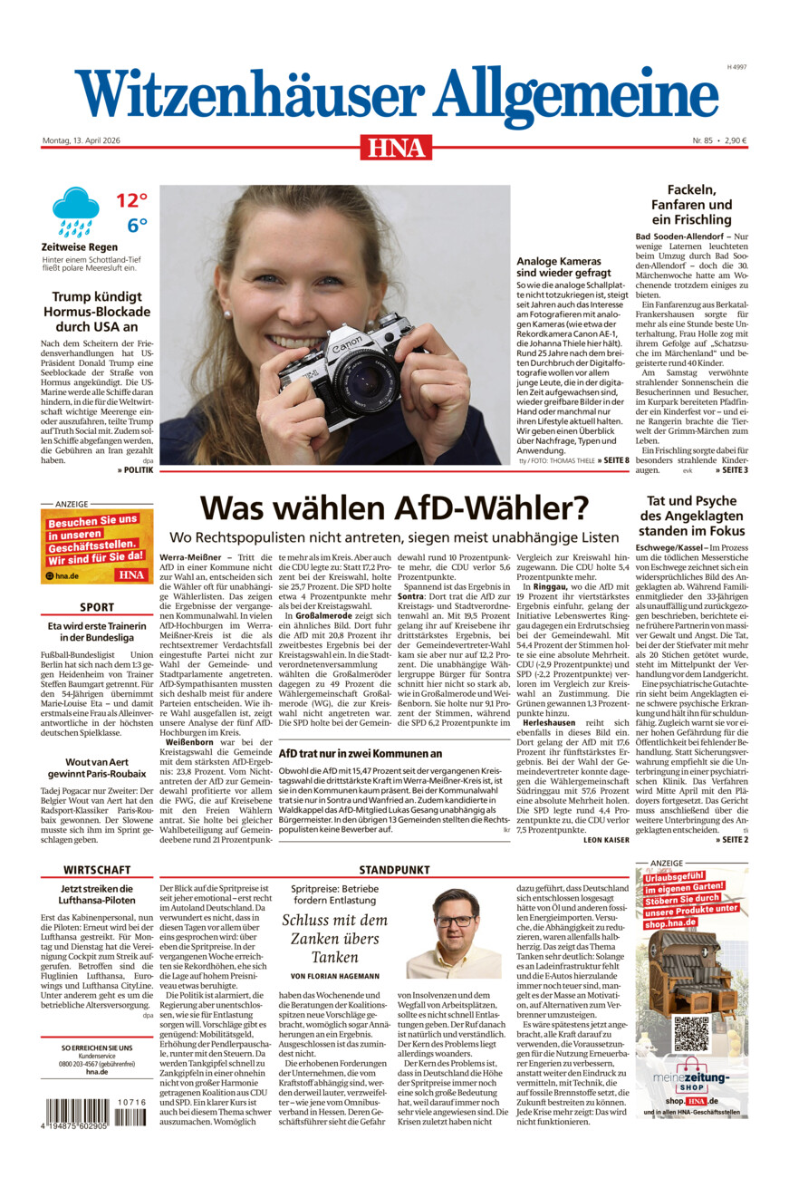 Witzenhäuser Allgemeine vom Montag, 13.04.2026