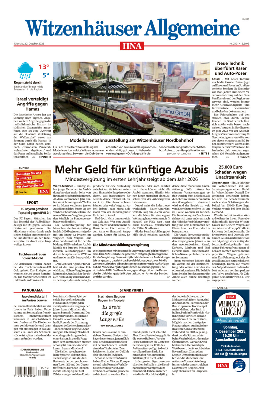 Witzenhäuser Allgemeine vom Montag, 20.10.2025