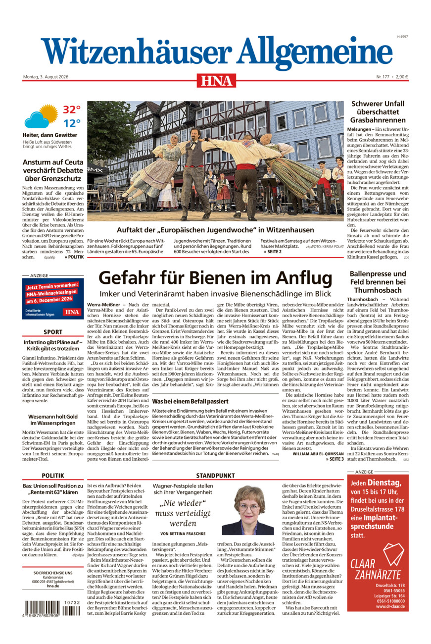 Witzenhäuser Allgemeine vom Montag, 03.08.2026