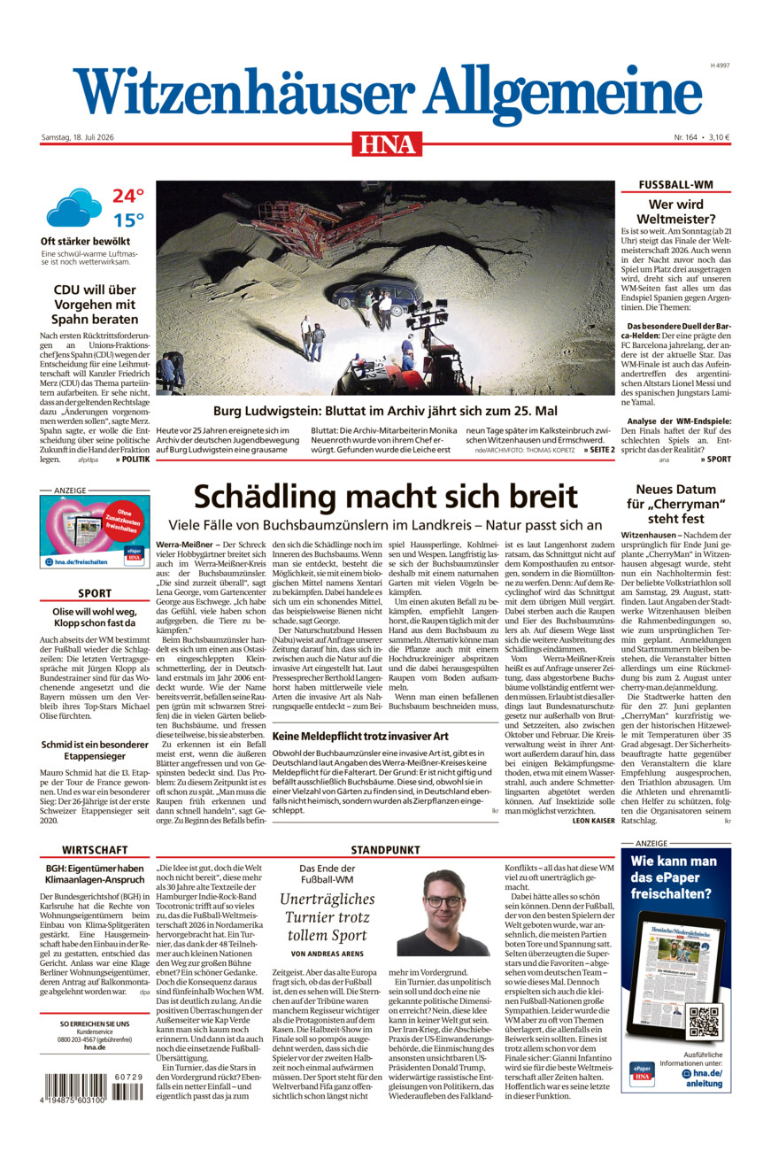 Witzenhäuser Allgemeine vom Samstag, 18.07.2026