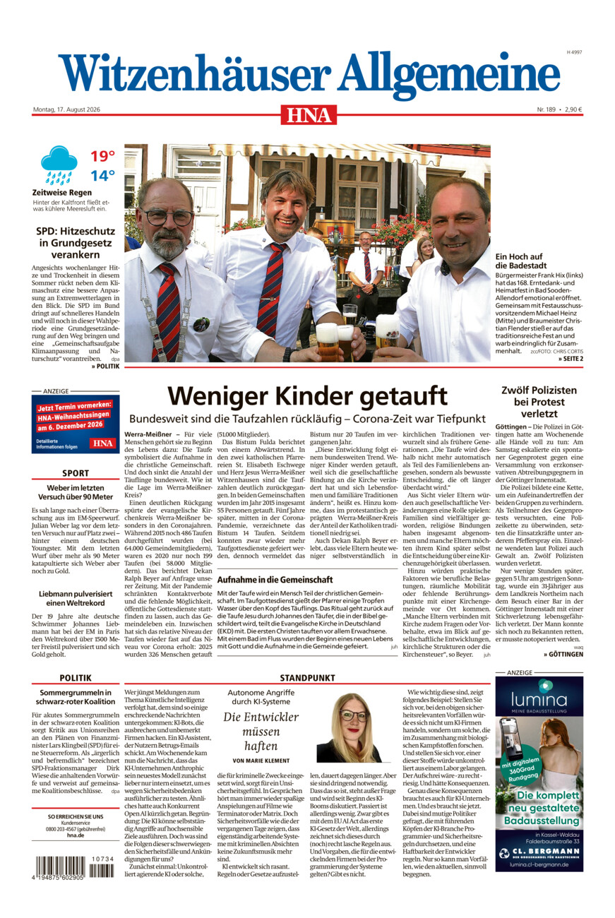 Witzenhäuser Allgemeine vom Montag, 17.08.2026