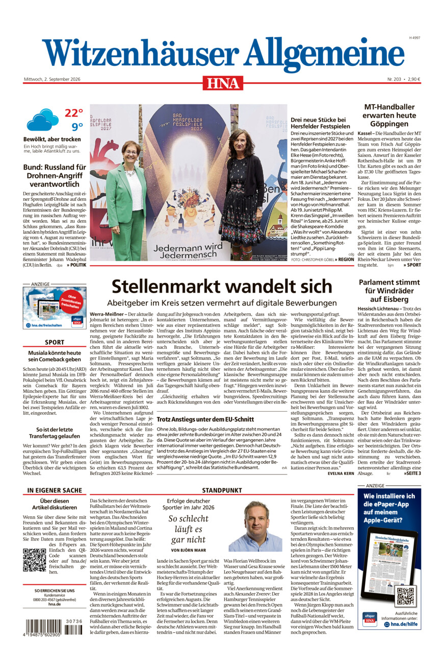 Witzenhäuser Allgemeine vom Mittwoch, 02.09.2026