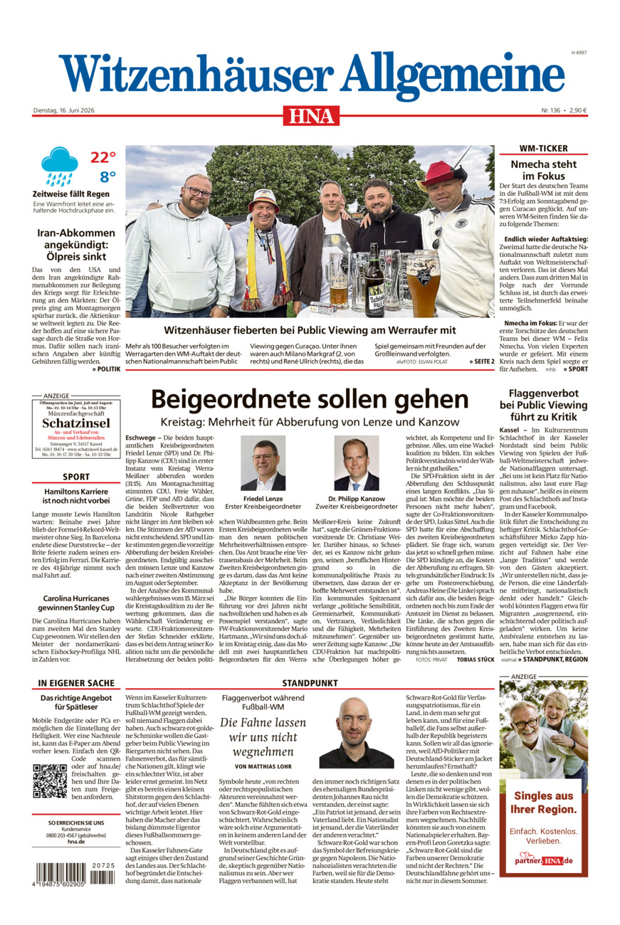 Witzenhäuser Allgemeine vom Dienstag, 16.06.2026