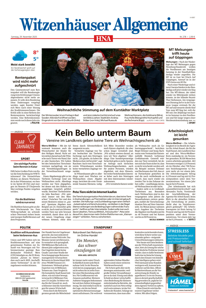 Witzenhäuser Allgemeine vom Samstag, 29.11.2025