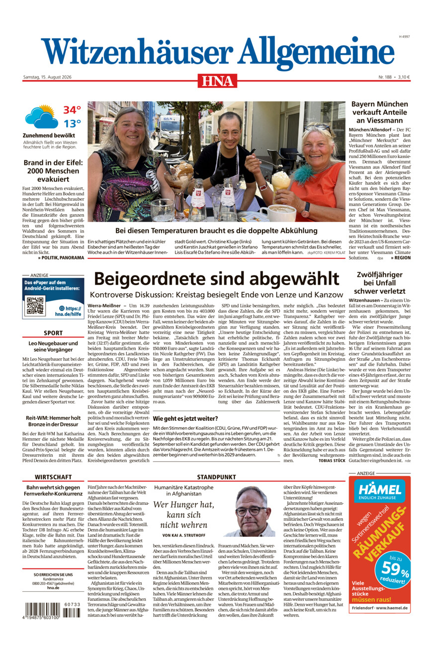 Witzenhäuser Allgemeine vom Samstag, 15.08.2026
