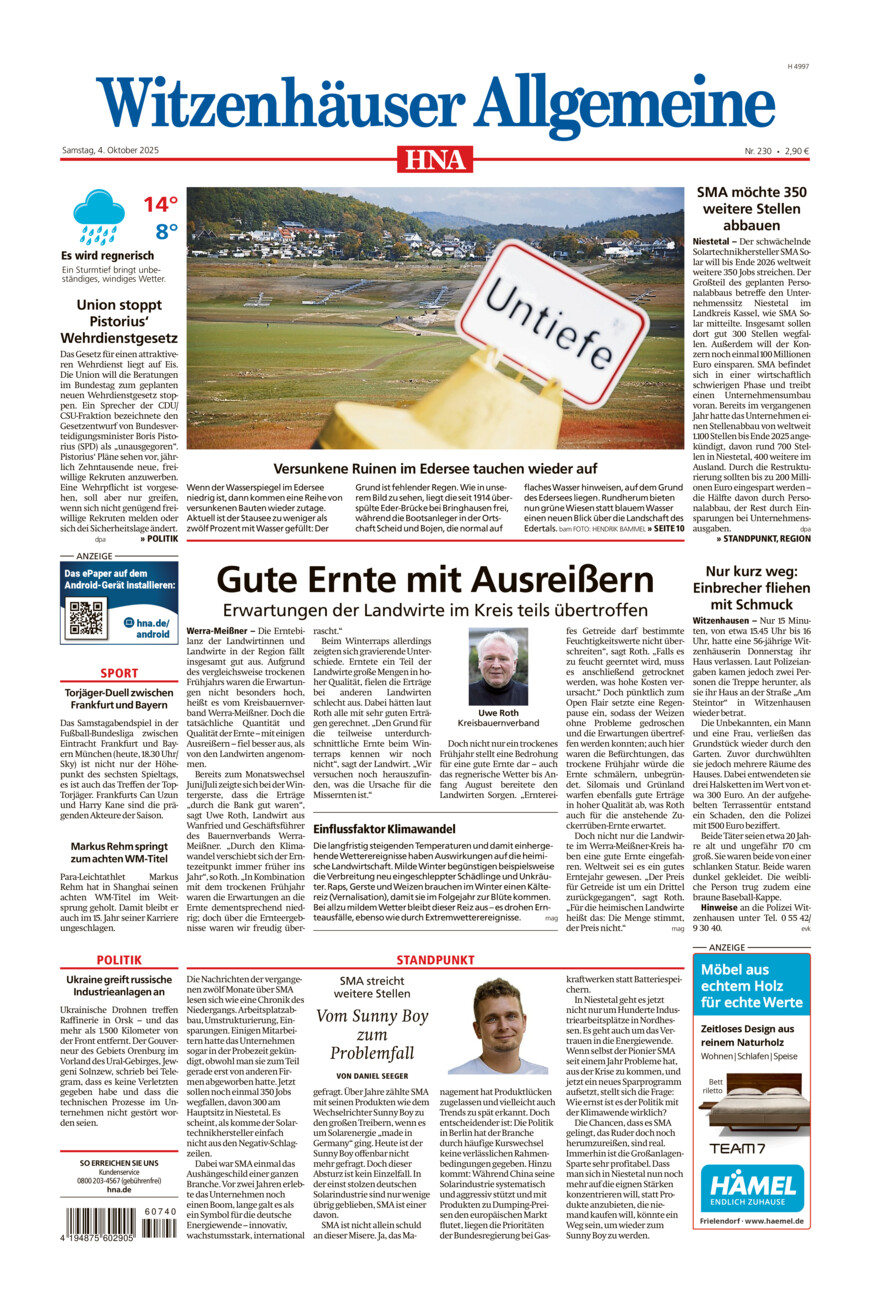 Witzenhäuser Allgemeine vom Samstag, 04.10.2025