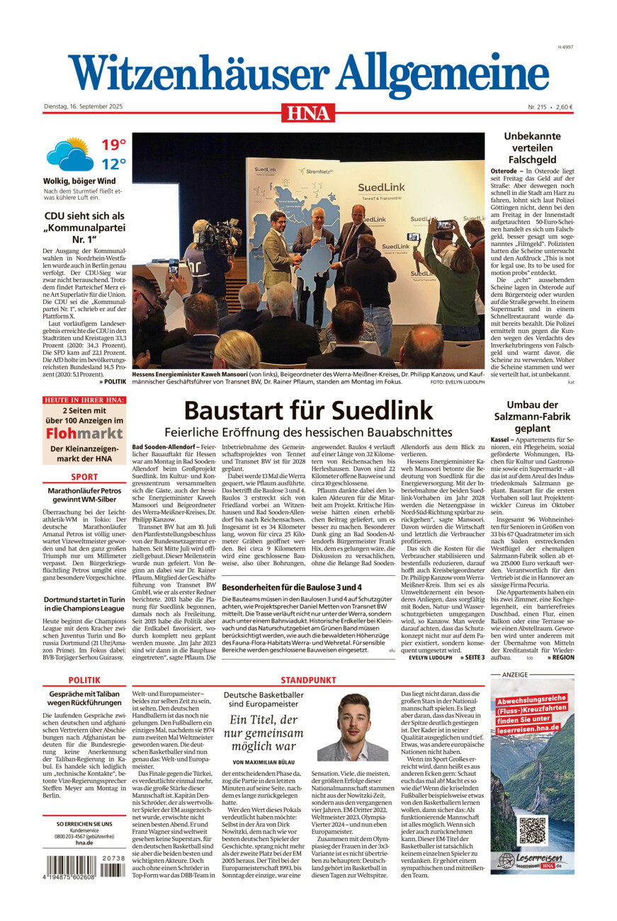 Witzenhäuser Allgemeine vom Dienstag, 16.09.2025