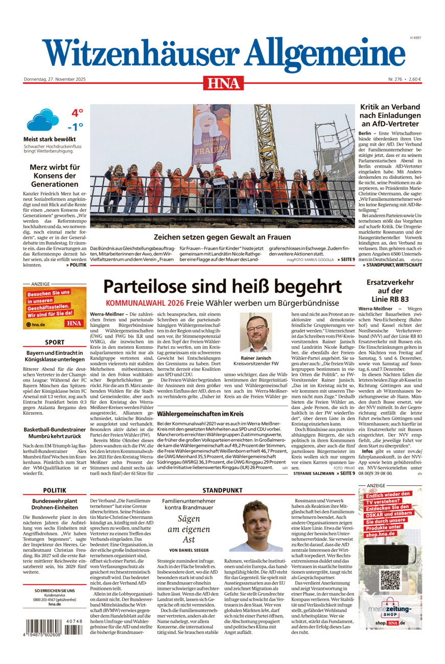 Witzenhäuser Allgemeine vom Donnerstag, 27.11.2025