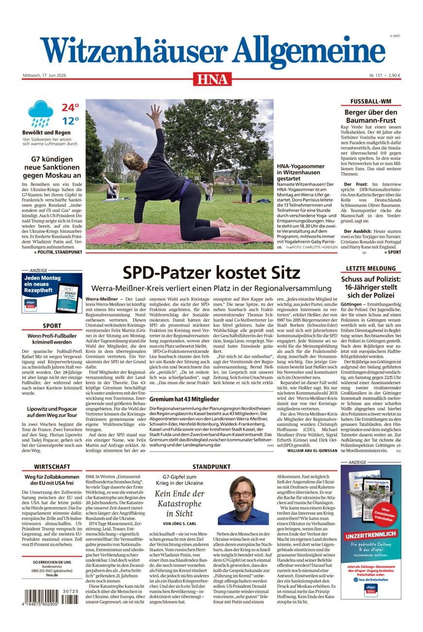 Witzenhäuser Allgemeine vom Mittwoch, 17.06.2026