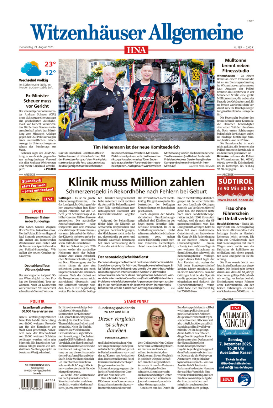 Witzenhäuser Allgemeine vom Donnerstag, 21.08.2025