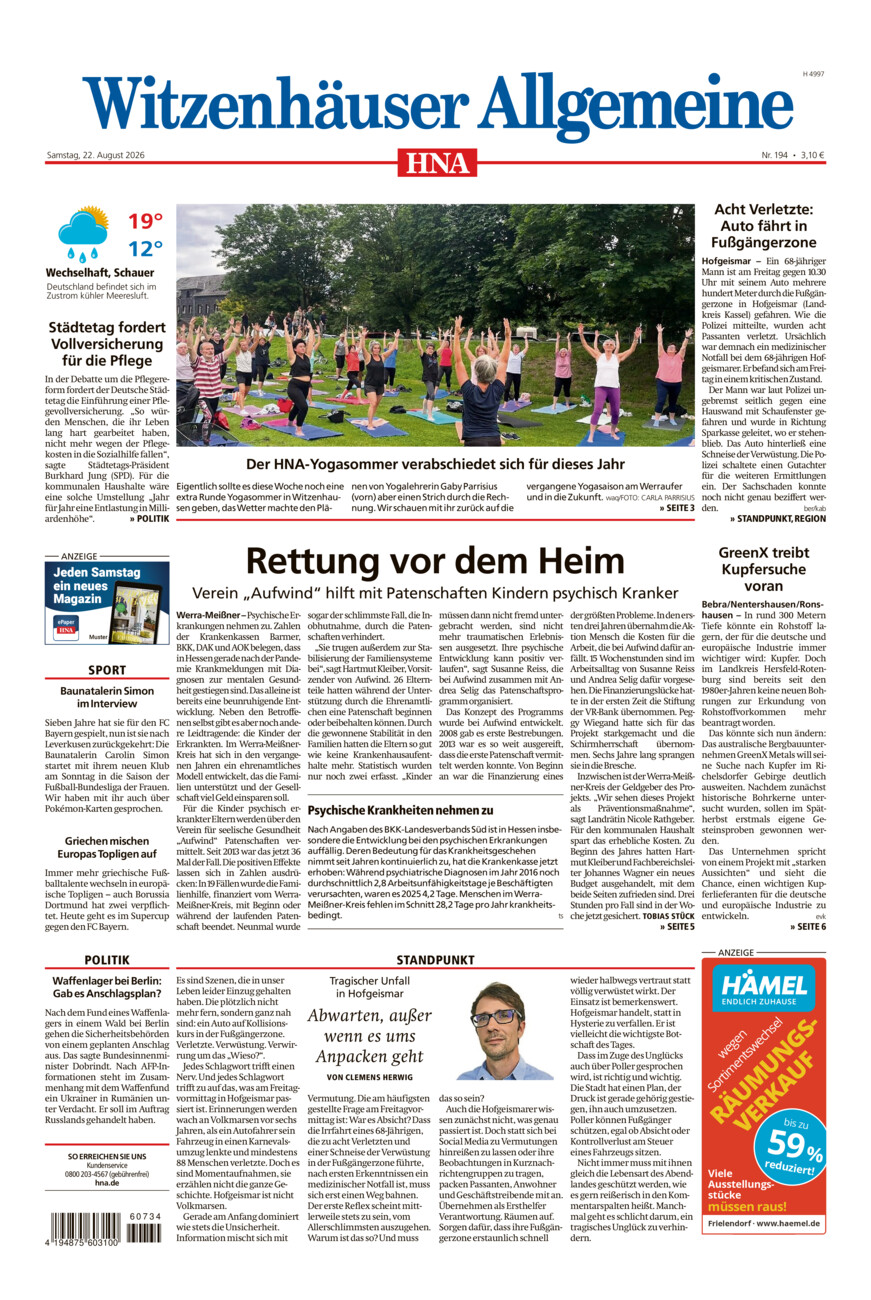 Witzenhäuser Allgemeine vom Samstag, 22.08.2026