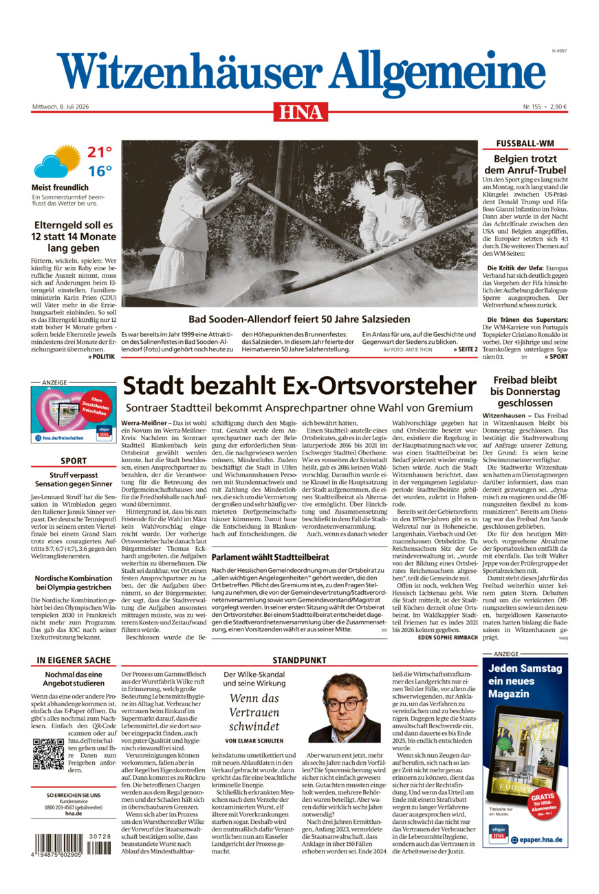 Witzenhäuser Allgemeine vom Mittwoch, 08.07.2026