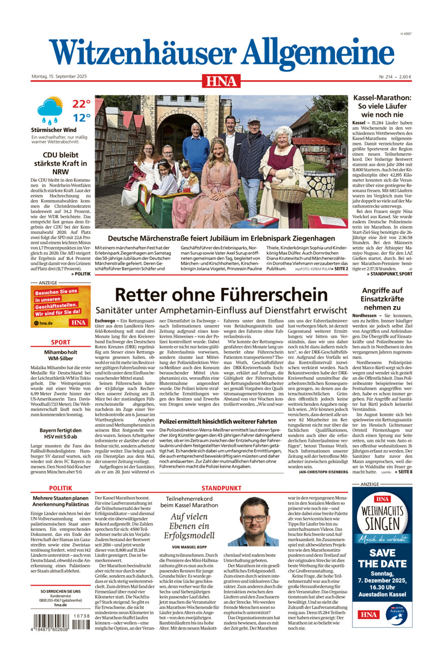 Witzenhäuser Allgemeine vom Montag, 15.09.2025