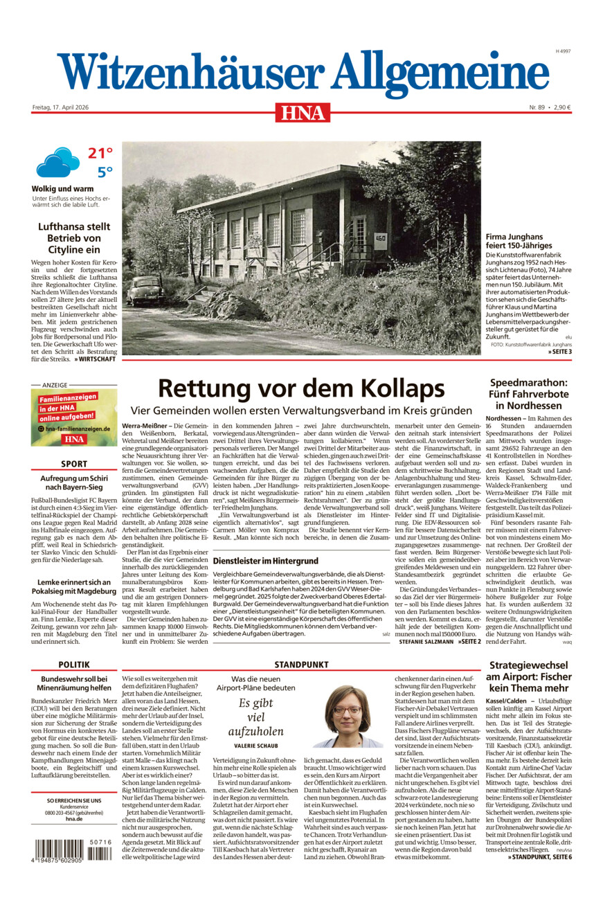 Witzenhäuser Allgemeine vom Freitag, 17.04.2026