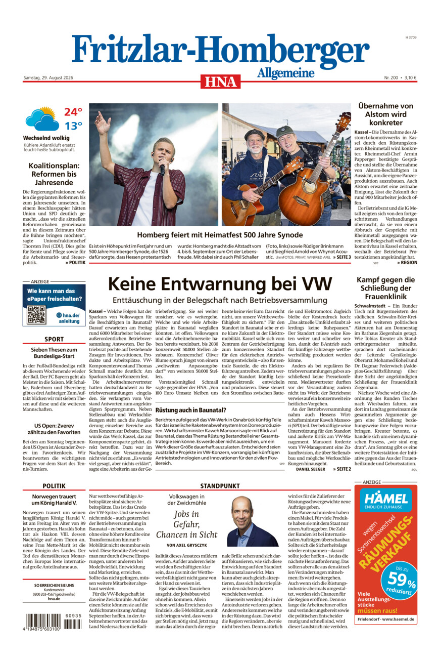 Fritzlar-Homberger Allgemeine vom Samstag, 29.08.2026