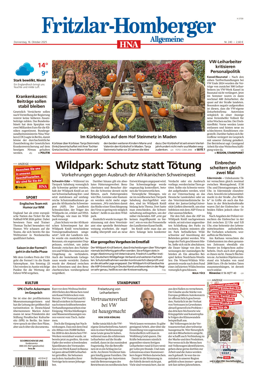 Fritzlar-Homberger Allgemeine vom Donnerstag, 16.10.2025