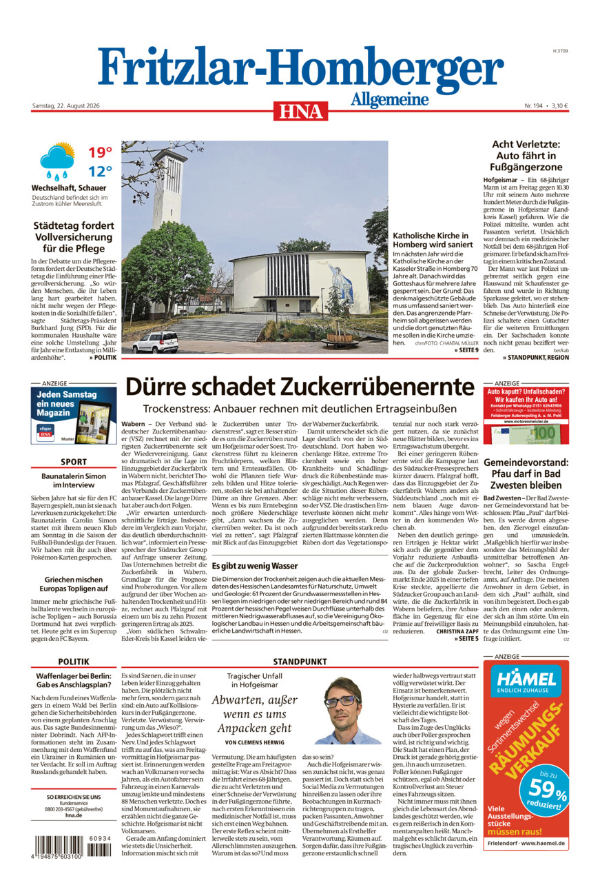 Fritzlar-Homberger Allgemeine vom Samstag, 22.08.2026