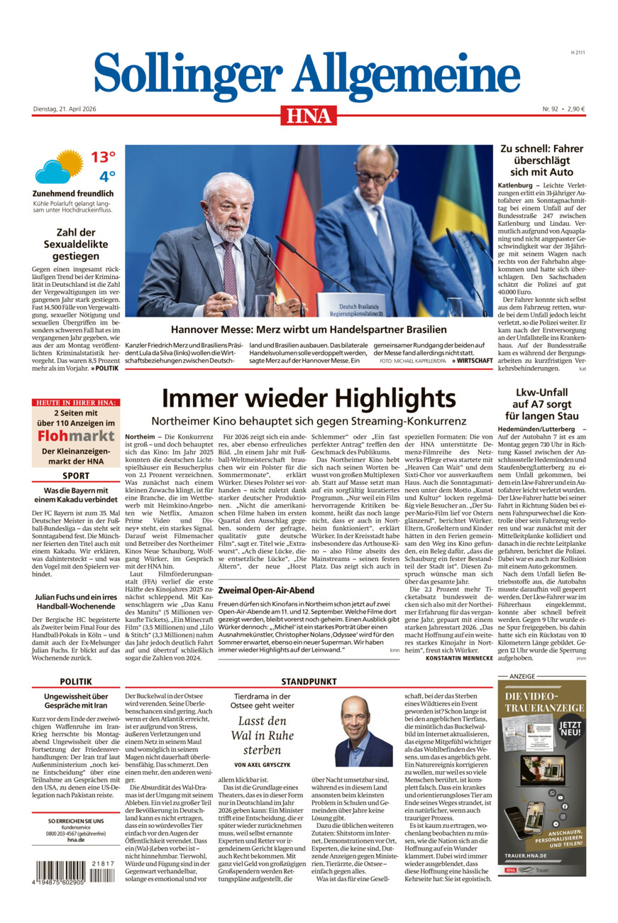 Sollinger Allgemeine vom Dienstag, 21.04.2026