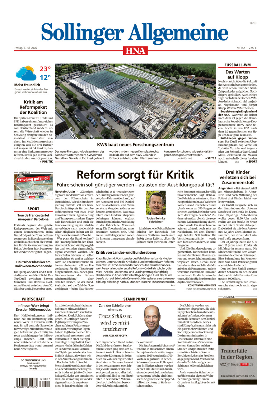 Sollinger Allgemeine vom Freitag, 03.07.2026