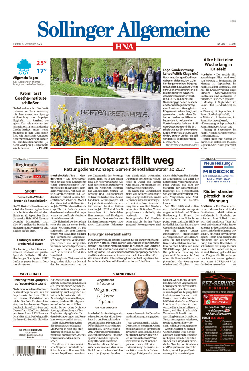 Sollinger Allgemeine vom Freitag, 04.09.2026