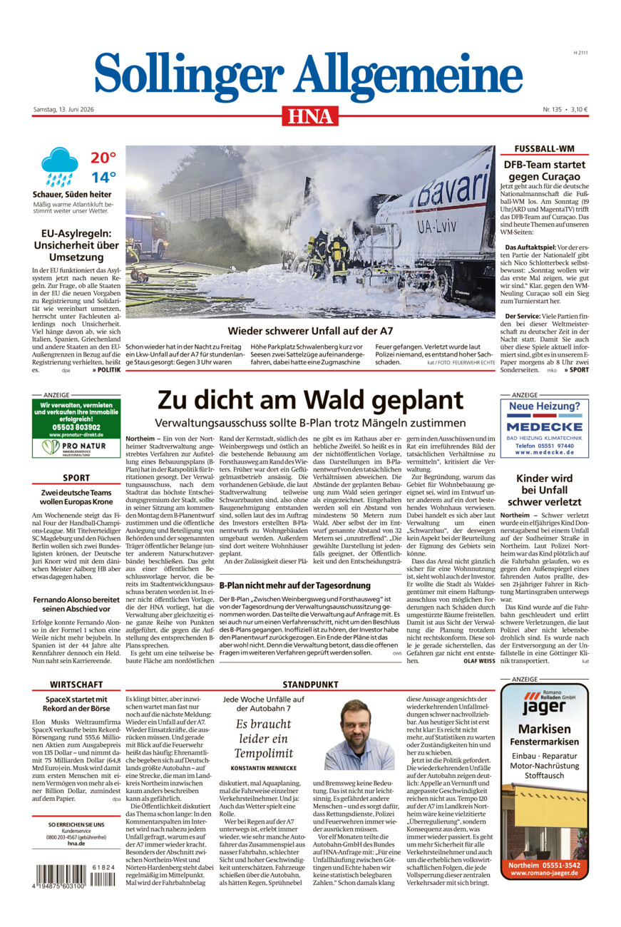 Sollinger Allgemeine vom Samstag, 13.06.2026