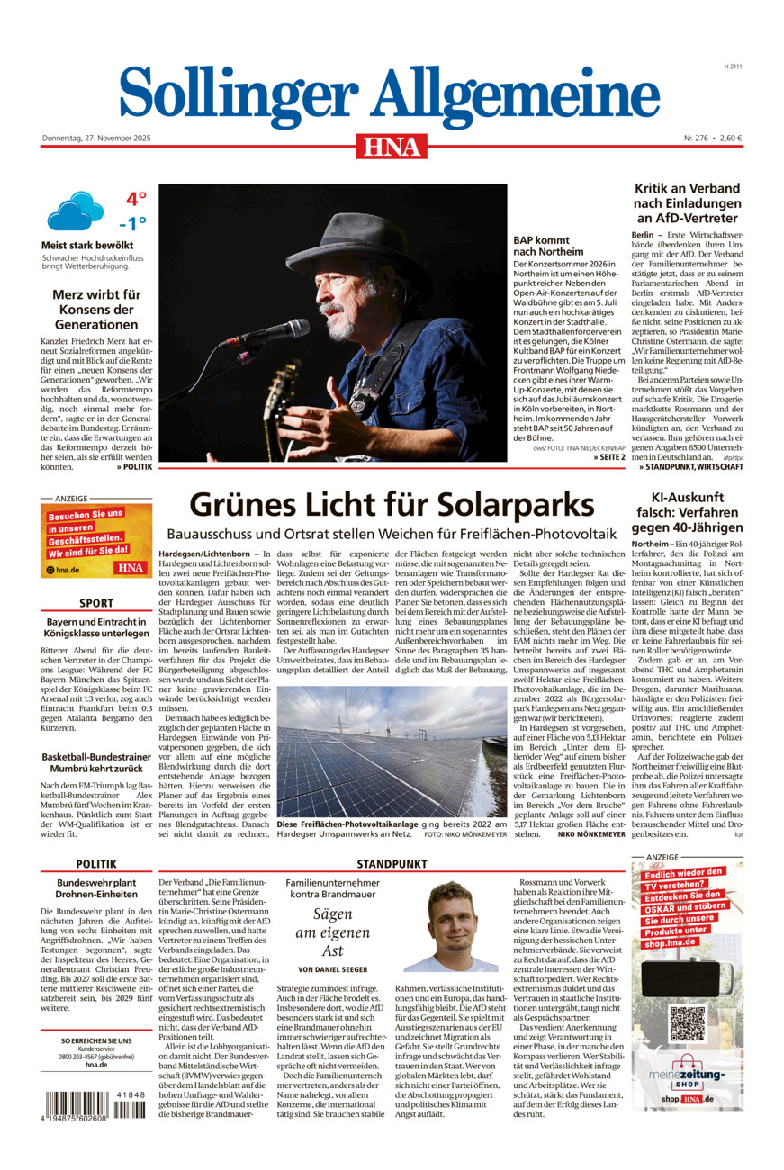 Sollinger Allgemeine vom Donnerstag, 27.11.2025