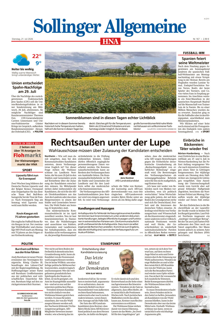 Sollinger Allgemeine vom Dienstag, 21.07.2026