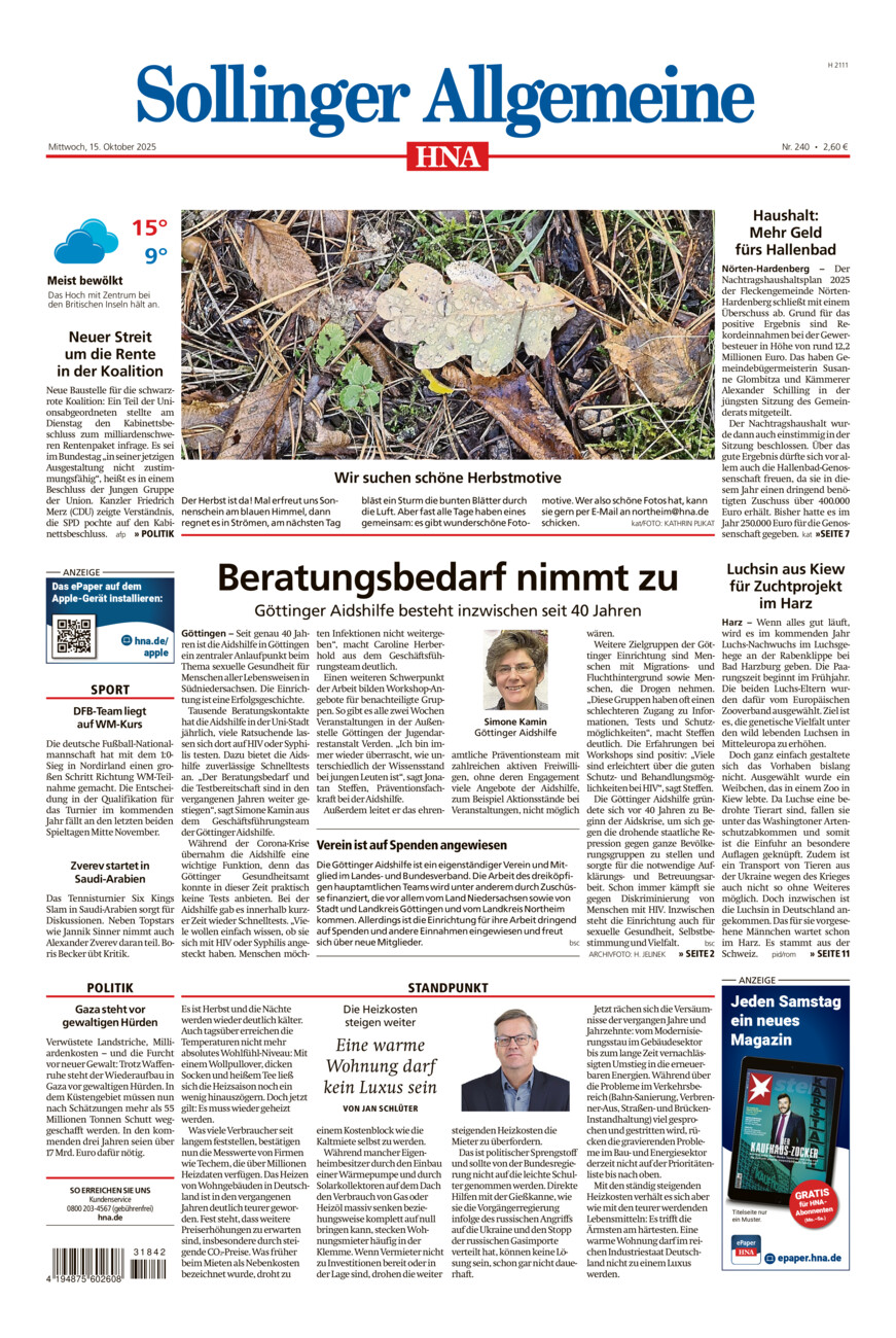 Sollinger Allgemeine vom Mittwoch, 15.10.2025