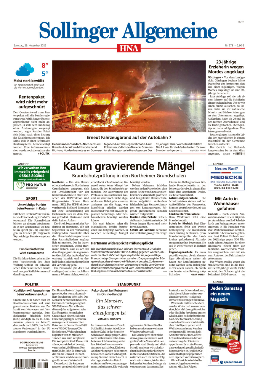 Sollinger Allgemeine vom Samstag, 29.11.2025