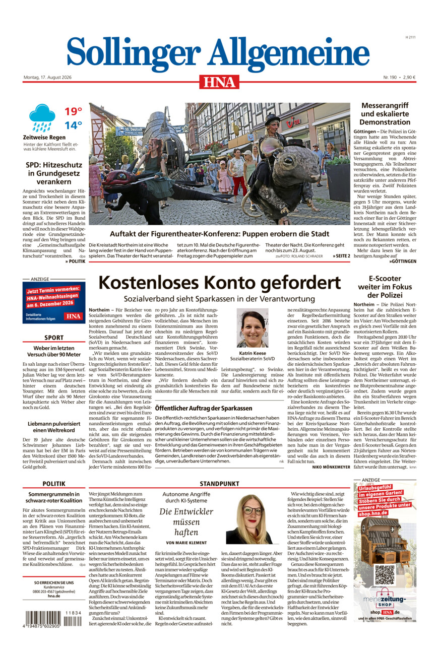 Sollinger Allgemeine vom Montag, 17.08.2026