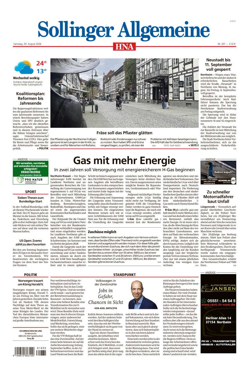 Sollinger Allgemeine vom Samstag, 29.08.2026
