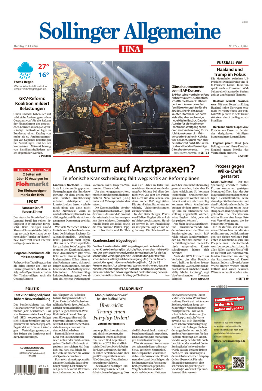 Sollinger Allgemeine vom Dienstag, 07.07.2026