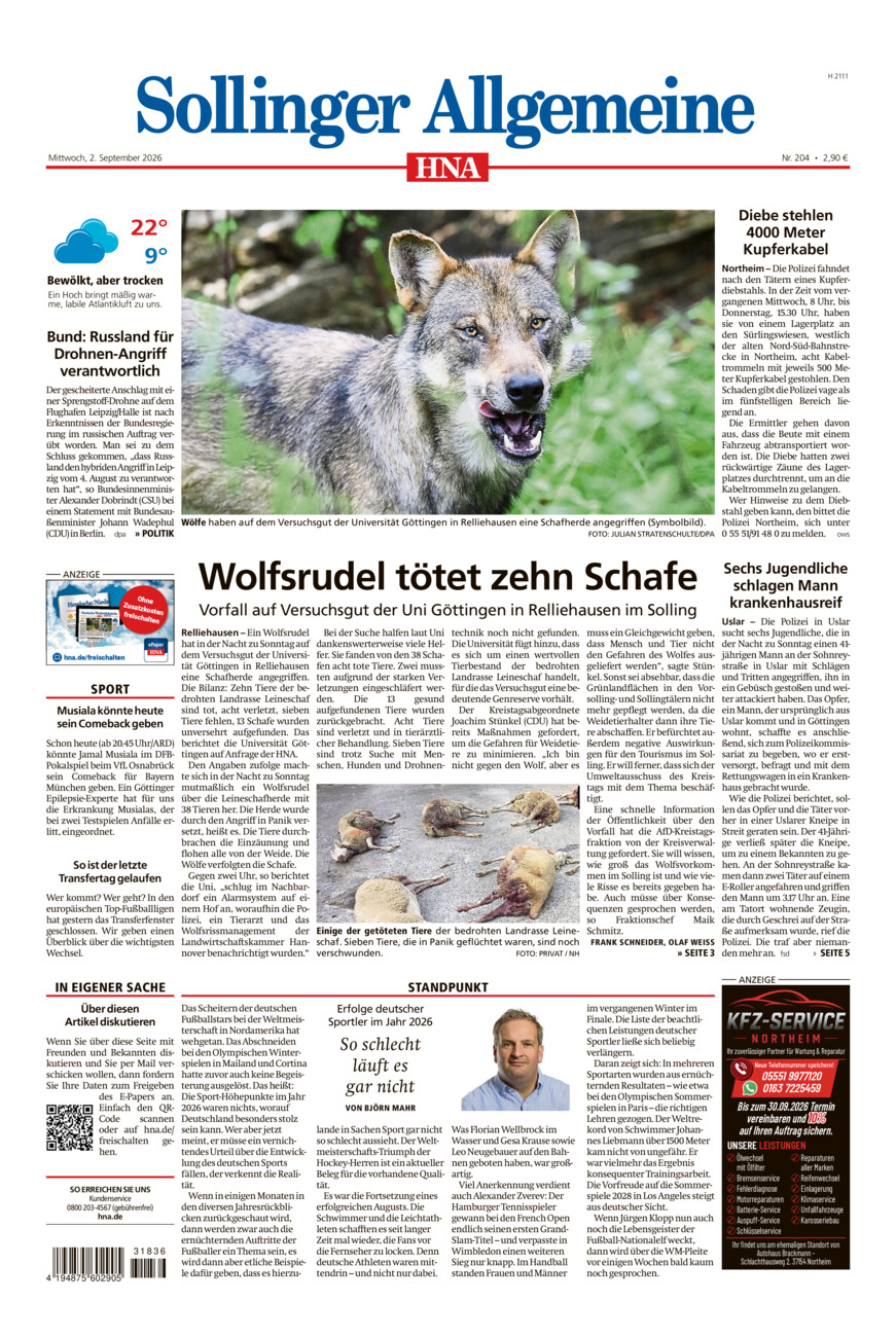 Sollinger Allgemeine vom Mittwoch, 02.09.2026