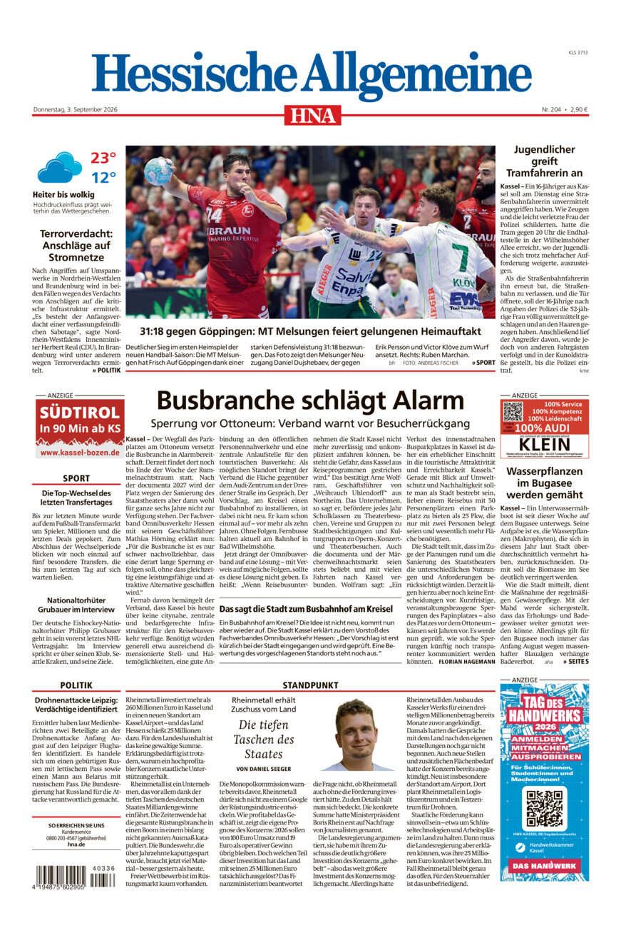 Hessische Allgemeine (Kassel-Süd) vom Donnerstag, 03.09.2026